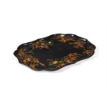 A VICTORIAN EBONISED AND PARCEL GILT DECORATED PAPIER MACHE TRAY BY JENNENS & BETTRIDGE