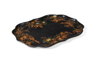 A VICTORIAN EBONISED AND PARCEL GILT DECORATED PAPIER MACHE TRAY BY JENNENS & BETTRIDGE