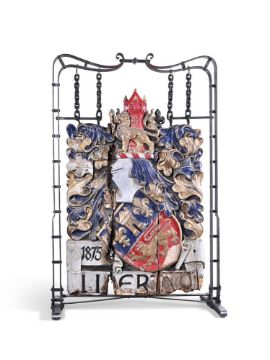 LIBERTY & CO., A RARE LARGE CARVED GILDED AND POLYCHROME PAINTED RETAILER'S SIGN DATED 1875
