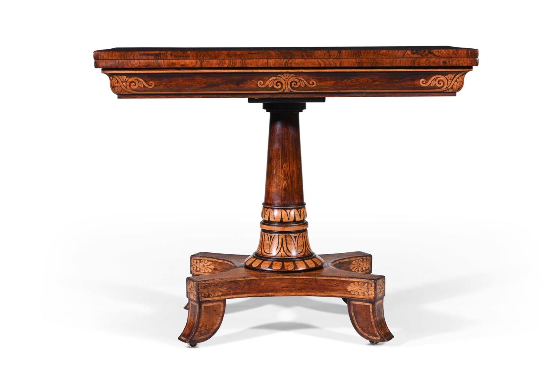 Y A REGENCY ROSEWOOD, SIMULATED ROSEWOOD AND PENWORK DECORATED FOLDING TABLE, CIRCA 1820 - Bild 2 aus 5