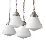 A SET OF FOUR 'THE GRACE' NICKEL PLATED AND OPALINE GLASS PENDANT LIGHTS, BY DREW PRITCHARD LTD
