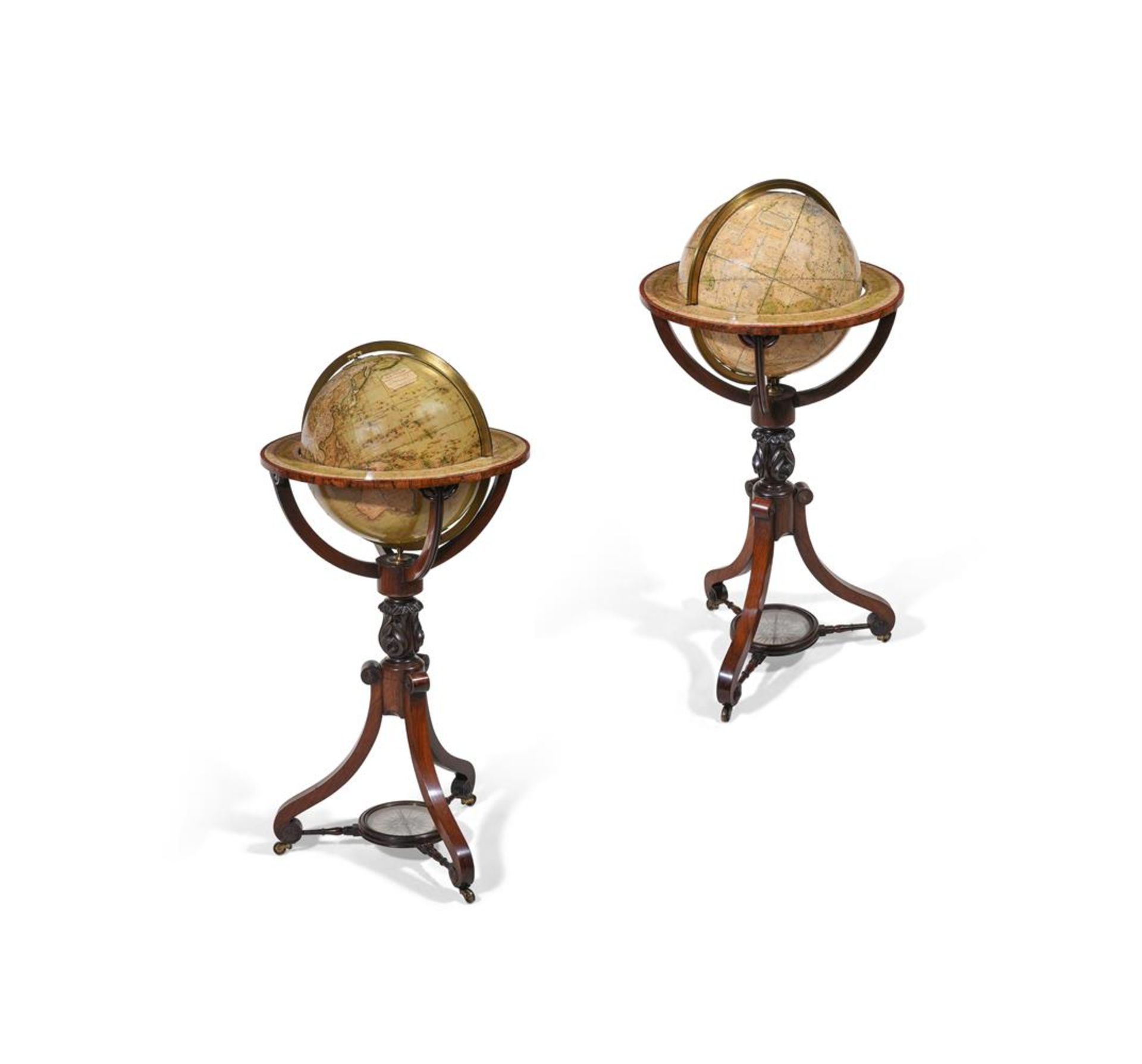 Y A PAIR OF TERRESTRIAL AND CELESTIAL 12 INCH LIBRARY GLOBES ON ROSEWOOD STANDS, BY NEWTON & SON