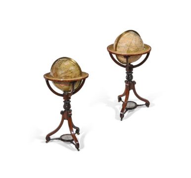 A PAIR OF TERRESTRIAL AND CELESTIAL 12 INCH LIBRARY GLOBES ON ROSEWOOD STANDS, BY NEWTON & SON