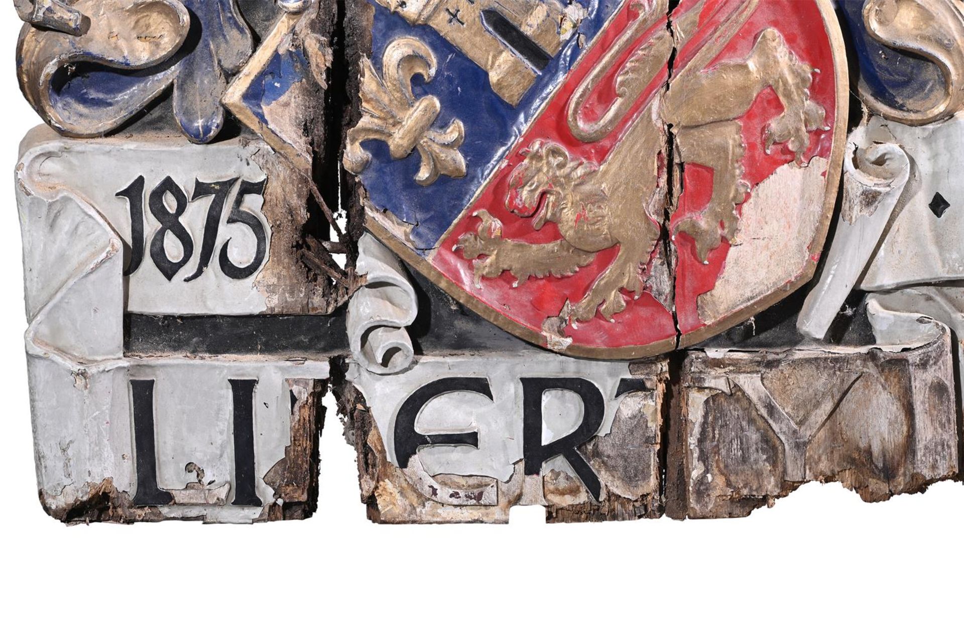 LIBERTY & CO., A RARE LARGE CARVED GILDED AND POLYCHROME PAINTED RETAILER'S SIGN DATED 1875 - Image 4 of 4