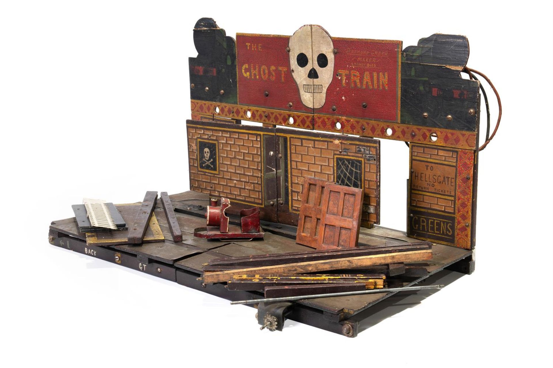 A SCRATCHBUILT PAINTED WOOD AND METAL SCALE MODEL AMUSEMENT GHOST TRAIN RIDE, 20TH CENTURY - Image 3 of 5