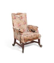 A GEORGE III MAHOGANY 'COUNTRY HOUSE' UPHOLSTERED ARMCHAIR, CIRCA 1800