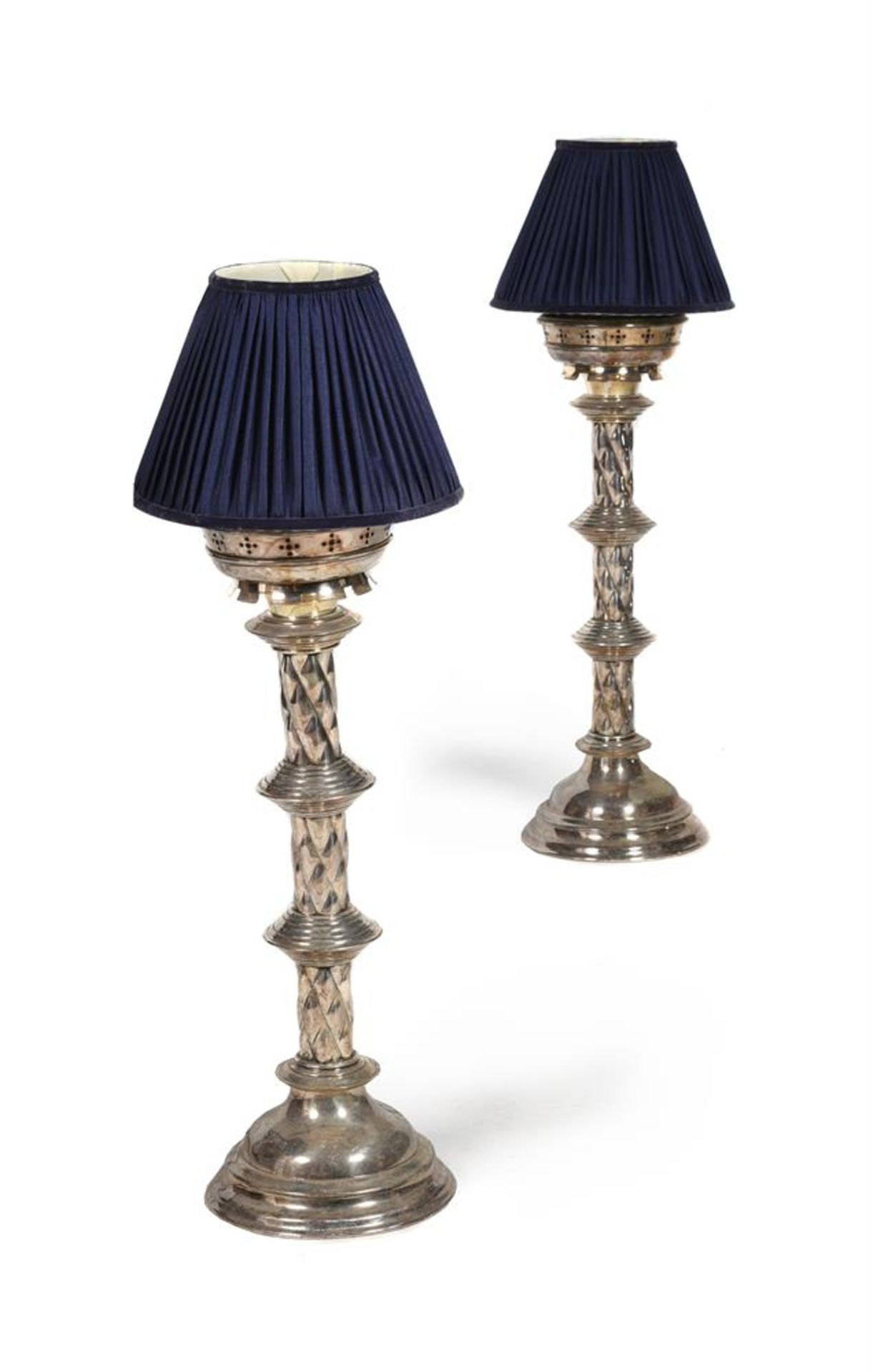 A PAIR OF SILVER PLATED TABLE LAMPS AFTER DESIGNS BY WILLIAM BURGES, LATE 19TH OR EARLY 20TH CENTURY