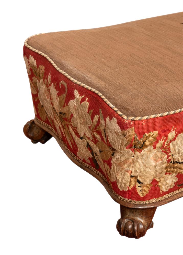 A WILLIAM IV CARVED WALNUT AND NEEDLEWORK UPHOLSTERED SERPENTINE FOOTSTOOL OR OTTOMAN, CIRCA 1835 - Image 2 of 3