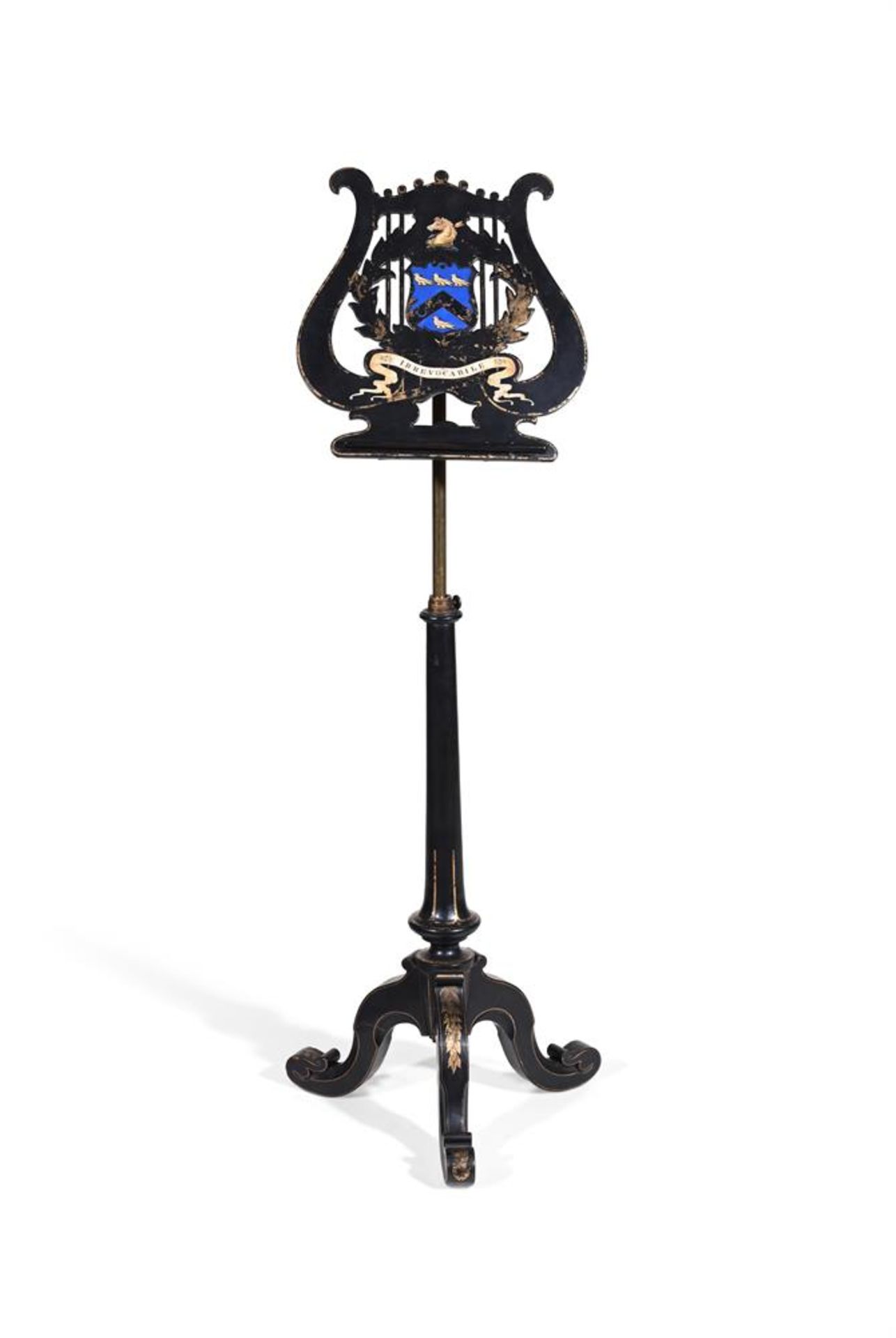 A VICTORIAN EBONISED AND POLYCHROME PAINTED ADJUSTABLE MUSIC STAND, LATE 19TH CENTURY