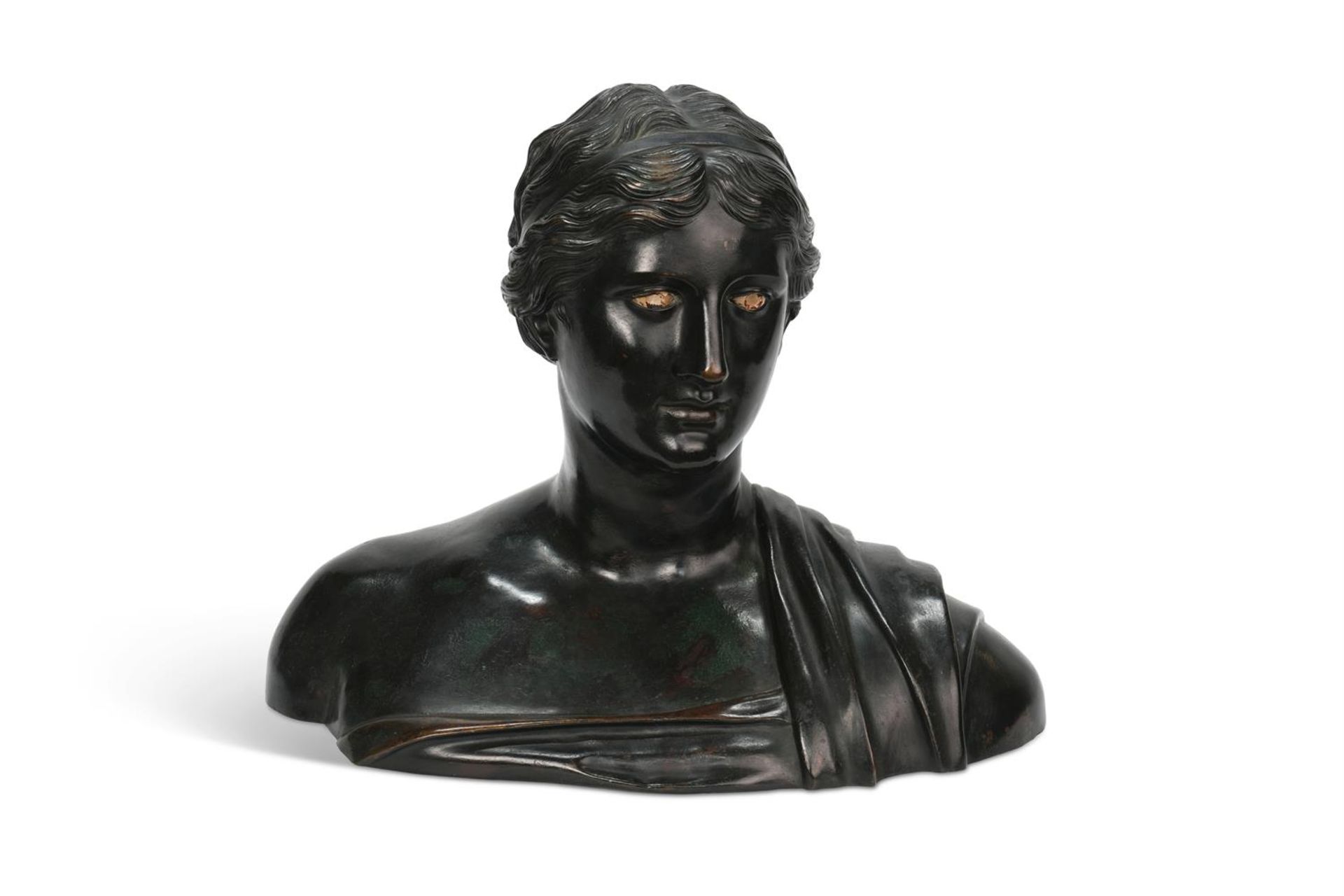 AFTER THE ANTIQUE, A BRONZE BUST OF SAPPHO ATTRIBUTED TO THE CHIURAZZI FOUNDRY