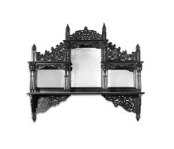 Y A SET OF CEYLONESE CARVED EBONY HANGING MIRRORED SHELVES, 19TH CENTURY