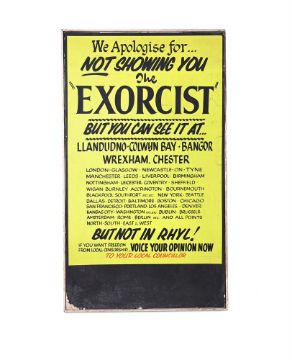 FILM INTEREST, A LARGE HAND PAINTED CINEMA NOTICE BOARD FOR THE EXORCIST, CIRCA 1974