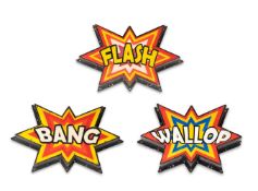 A SET OF THREE FIBREGLASS AND PLASTIC LIGHTING SIGNS 'FLASH, BANG AND WALLOP'