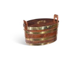 A GEORGE III BRASS BOUND OAK LIDDED PLANTER OR BUCKET, LATE 18TH OR EARLY 19TH CENTURY