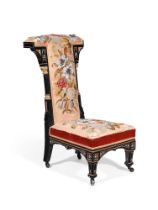 Y A VICTORIAN EBONISED, CARVED GILTWOOD AND IVORY MARQUETRY CHAIR ATTRIBUTED TO JACKSON & GRAHAM