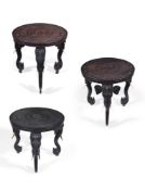 Y THREE INDIAN CARVED EXOTIC HARDWOOD OCCASIONAL TABLES, CIRCA 1890