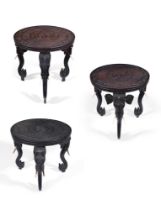 Y THREE INDIAN CARVED EXOTIC HARDWOOD OCCASIONAL TABLES, CIRCA 1890