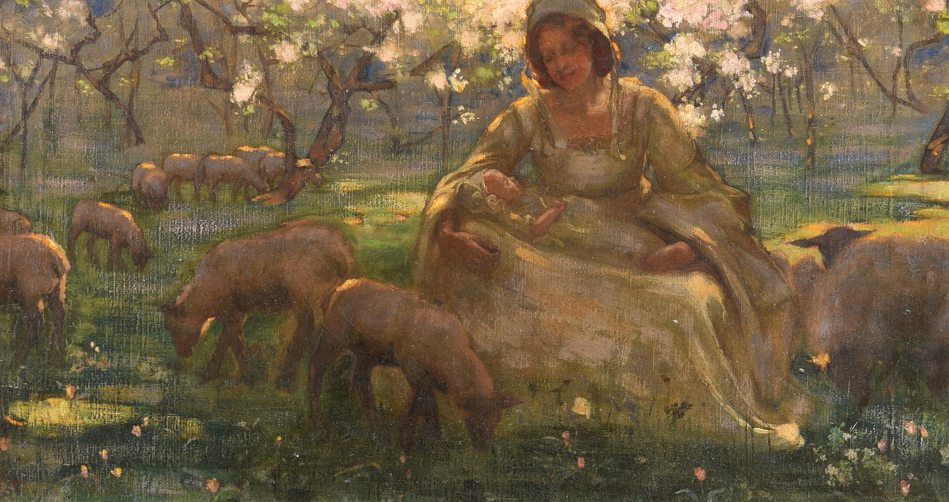 ENGLISH SCHOOL (19TH CENTURY), MOTHER AND CHILD IN AN ORCHARD WITH SHEEP - Image 2 of 3