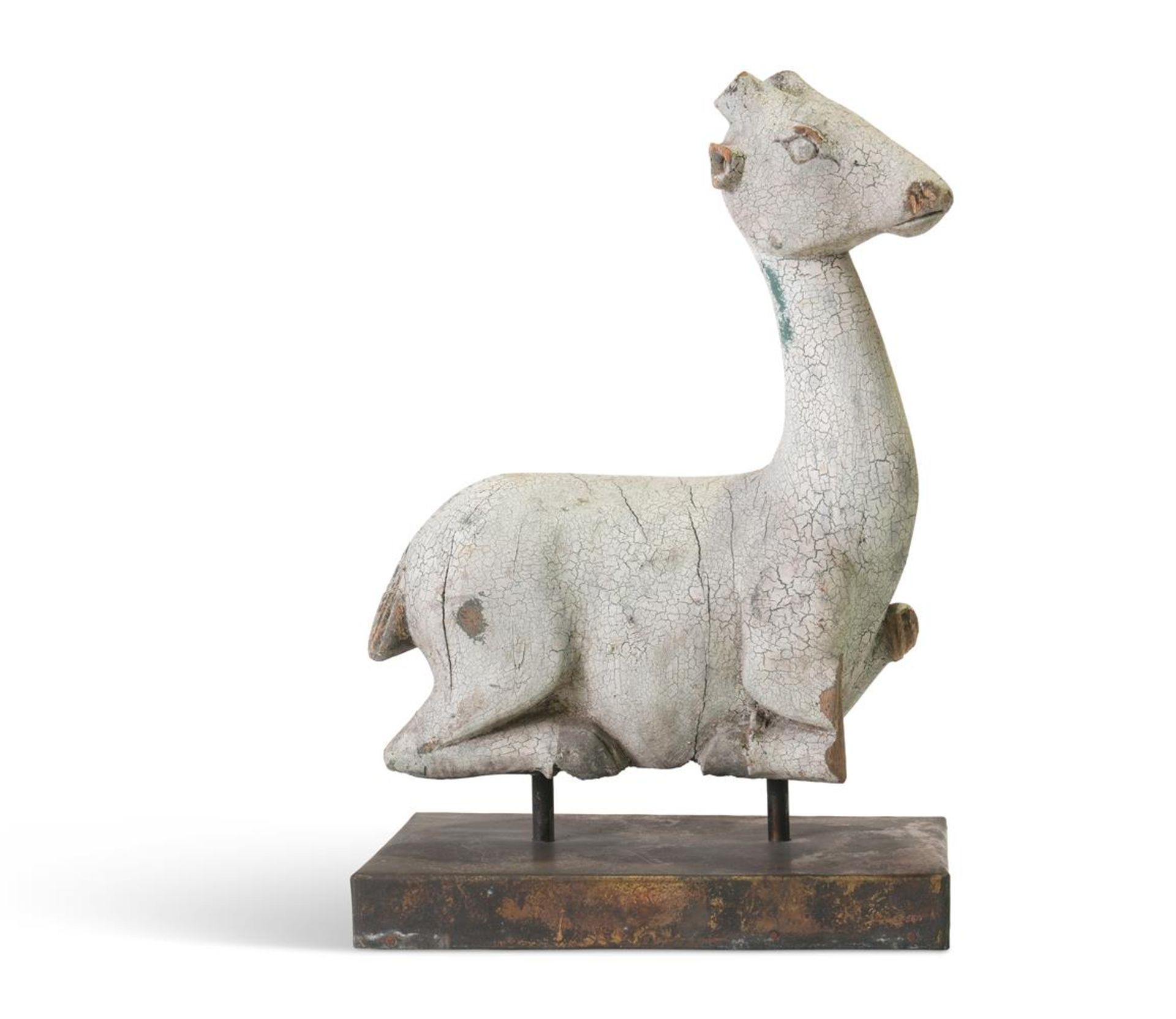 A WHITE PAINTED CARVED WOOD MODEL OF A CROUCHING DEER OR WHITE HART, PROBABLY INDIAN OR EGYPTIAN - Image 2 of 2