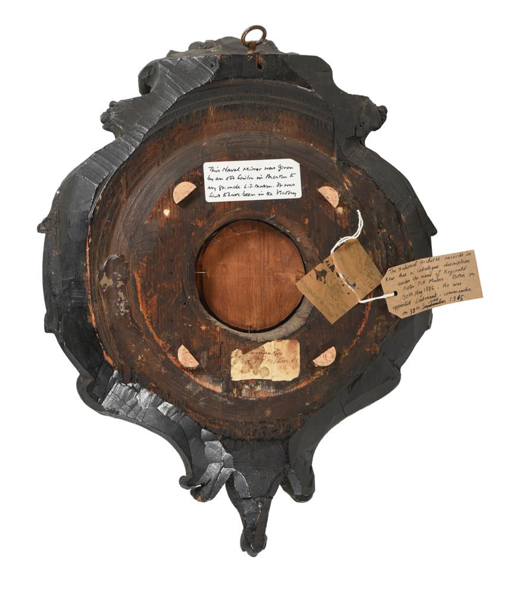 OF NAVAL INTEREST: A CARVED, EBONISED AND PARCEL GILT SHIP’S MIRROR, LATE 19TH OR EARLY 20TH CENTURY - Image 2 of 3