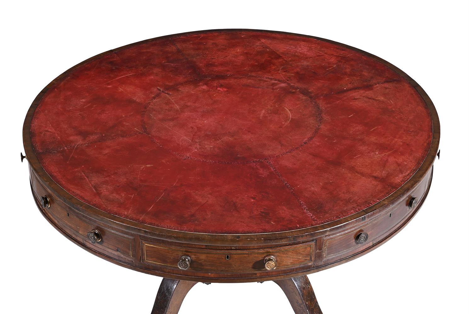 Y A GEORGE III ROSEWOOD AND BRASS STRUNG DRUM LIBRARY TABLE, PROBABLY SCOTTISH, CIRCA 1800 - Image 2 of 3