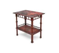 A MAHOGANY, RED LACQUERED AND CHINOISERIE DECORATED TWO TIER ETAGERE, 19TH CENTURY