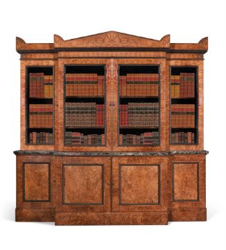 A GEORGE IV POLLARD OAK, BURR ELM AND HOLLY MARQUETRY DECORATED BREAKFRONT BOOKCASE