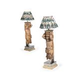 ANOTHER PAIR OF CARVED WALNUT FIGURAL LAMPS, 19TH CENTURY