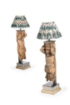 ANOTHER PAIR OF CARVED WALNUT FIGURAL LAMPS, 19TH CENTURY