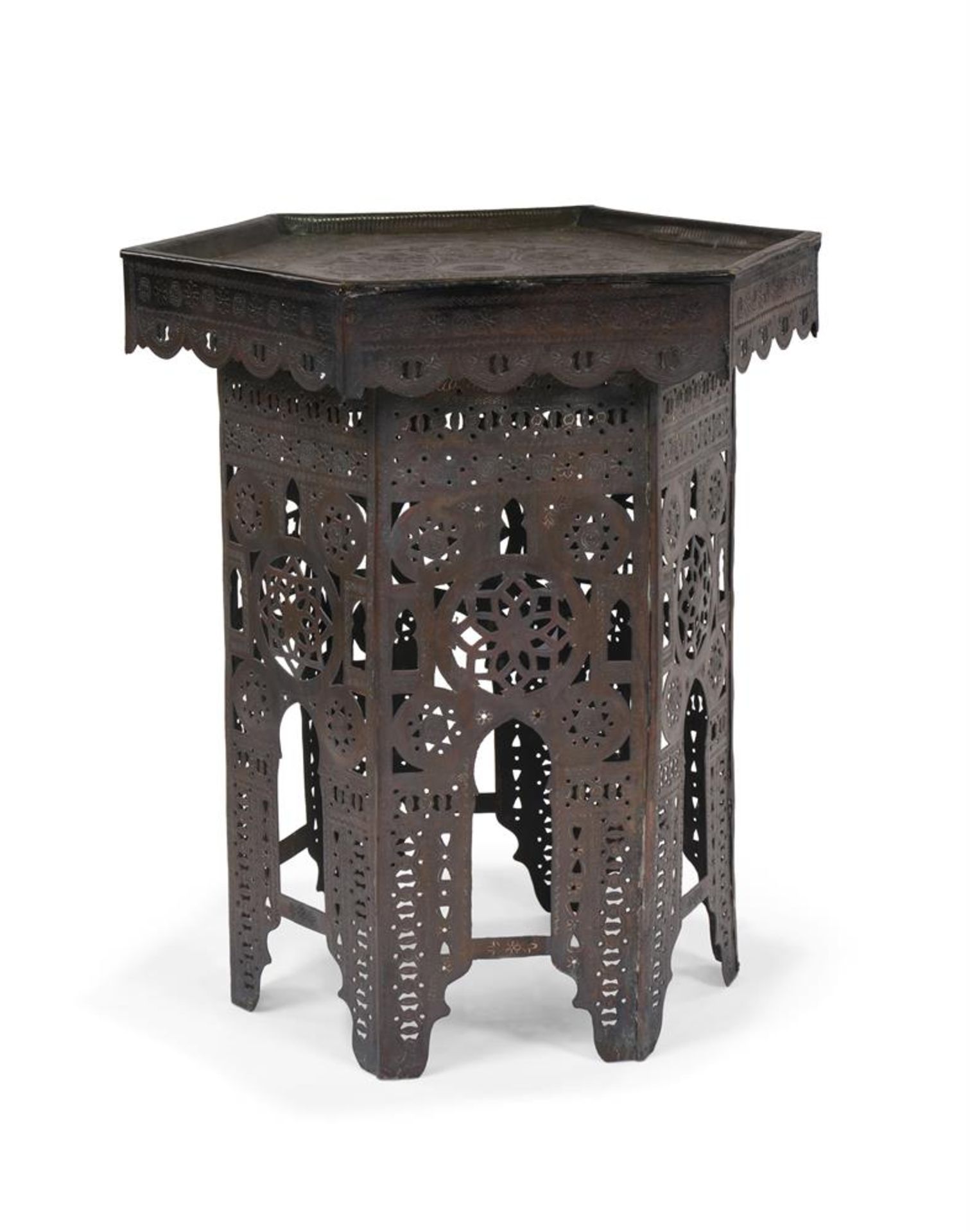 A SYRIAN METAL ALLOY HEXAGONAL OCCASIONAL TABLE, LATE 19TH OR 20TH CENTURY