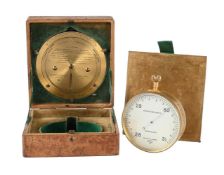 A CASED SET OF ANEROID FORECASTING BAROMETER AND LACQUERED BRASS WEATHER FORECASTING CALCULATOR