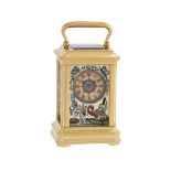 A FRENCH GILT BRASS AND CLOISONNE ENAMEL PANEL MINIATURE CARRIAGE TIMEPIECE