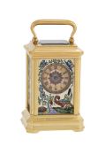 A FRENCH GILT BRASS AND CLOISONNE ENAMEL PANEL MINIATURE CARRIAGE TIMEPIECE