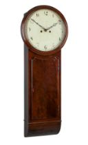 A GEORGE III/REGENCY FIGURED MAHOGANY 'NORWICH' TYPE WEIGHT-DRIVEN DROP-TRUNK OR TAVERN WALL CLOCK