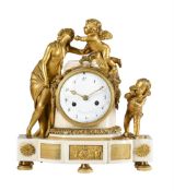 A FRENCH EMPIRE PERIOD ORMOLU MOUNTED WHITE MARBLE FIGURAL MANTEL CLOCK