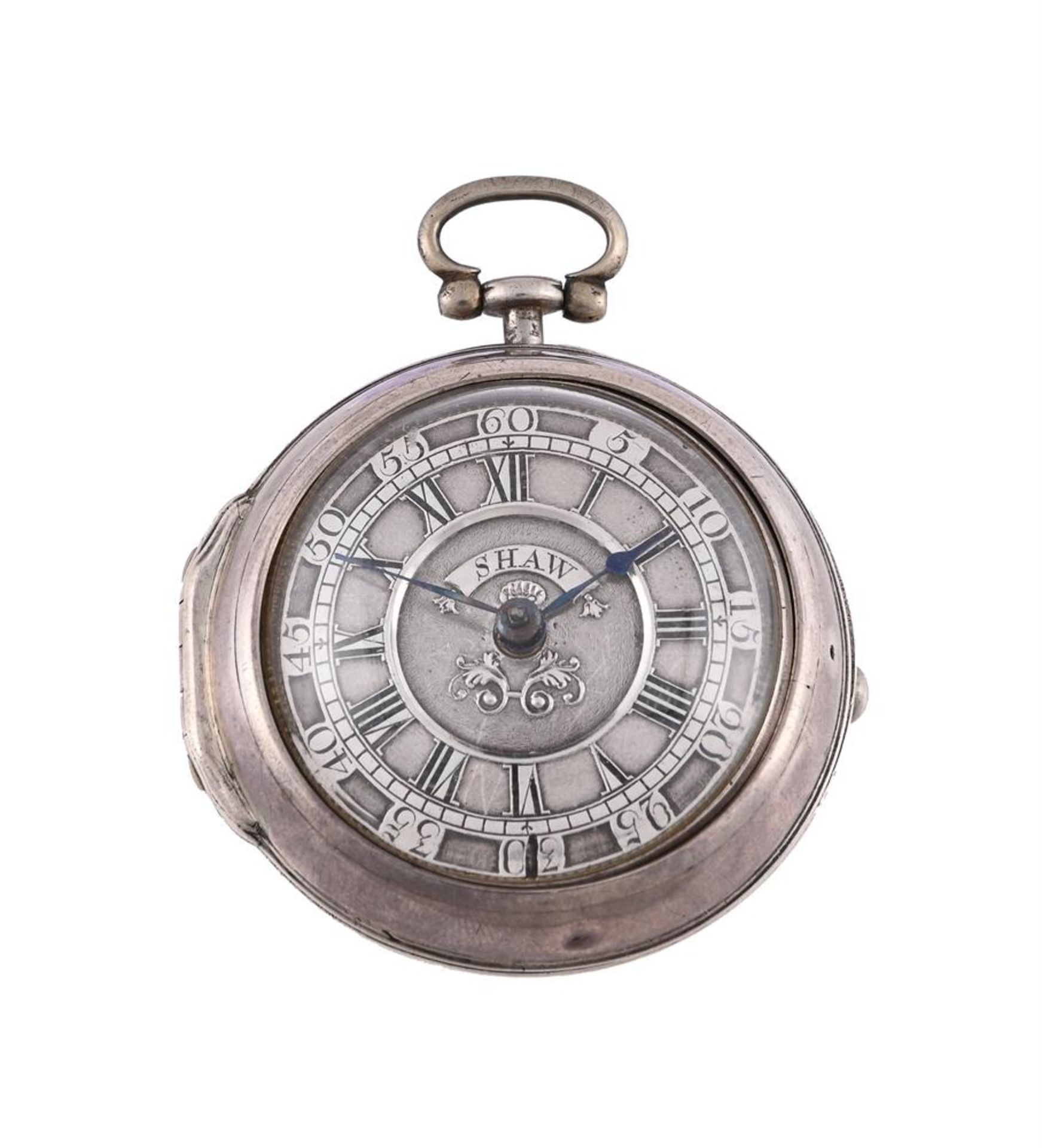 A GEORGE II SILVER PAIR-VASED VERGE POCKET WATCH WITH CHAMPLEVE DIAL