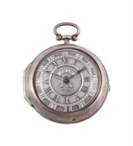 A GEORGE II SILVER PAIR-VASED VERGE POCKET WATCH WITH CHAMPLEVE DIAL