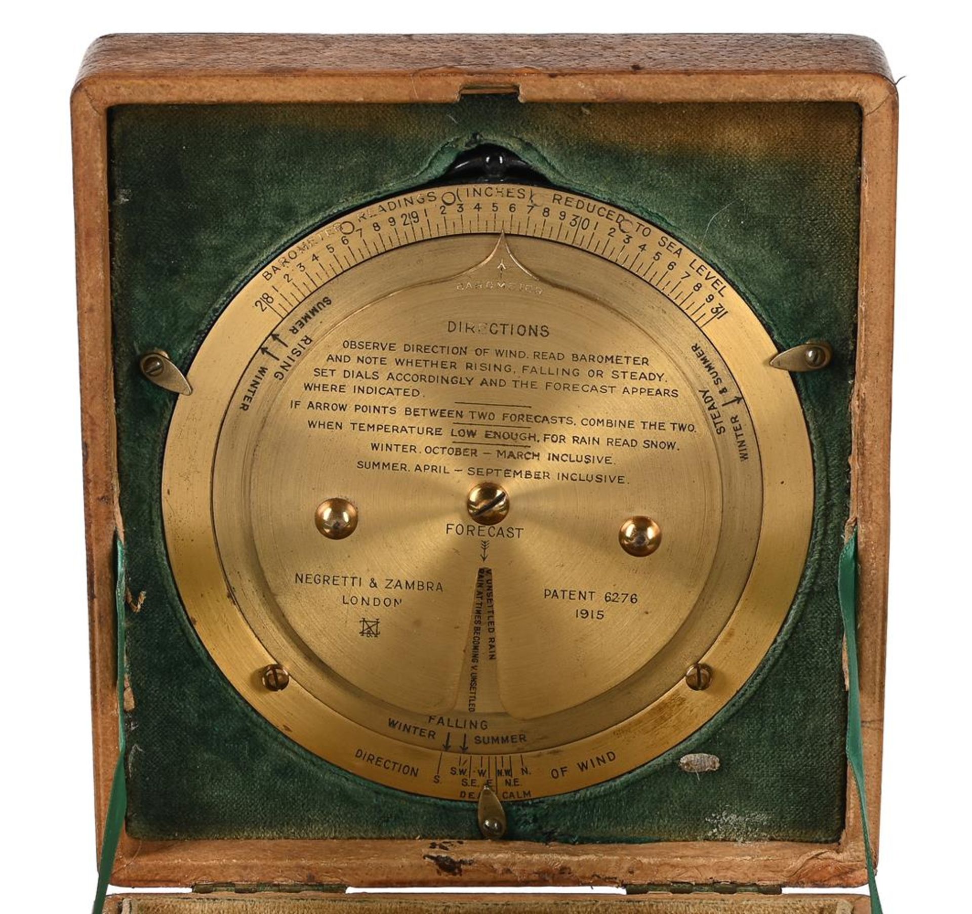 A CASED SET OF ANEROID FORECASTING BAROMETER AND LACQUERED BRASS WEATHER FORECASTING CALCULATOR - Image 2 of 7
