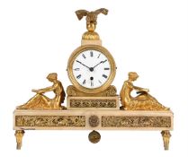 A REGENCY ORMOLU AND WHITE MARBLE FIGUAL LIBRARY MANTEL TIMEPIECE