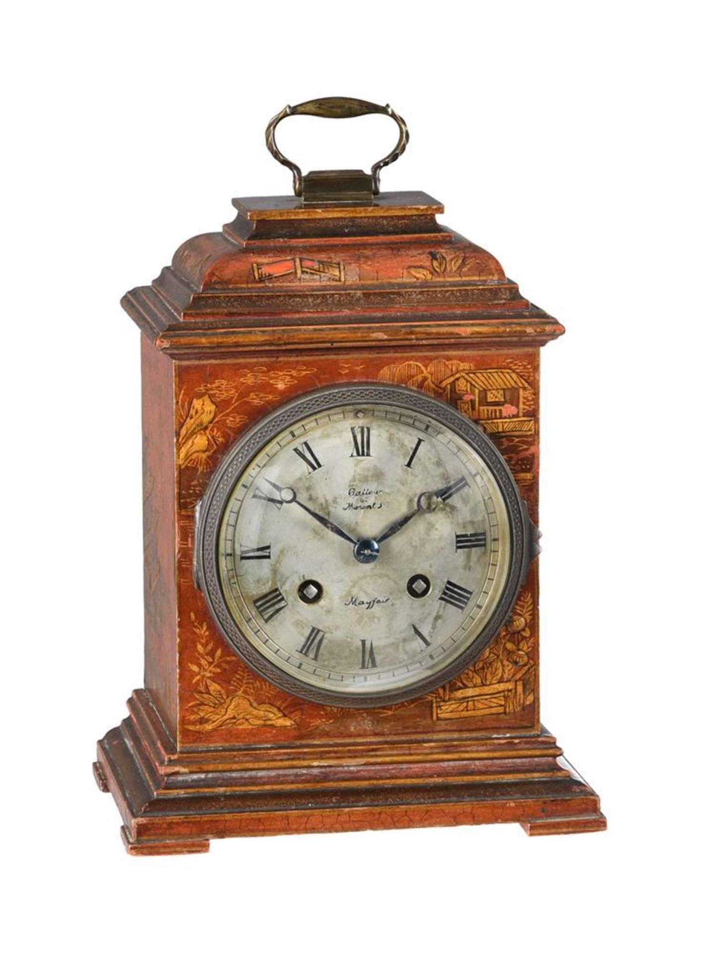 AN EDWARDIAN RED CHINOISERIE JAPANNED SMALL MANTEL/BRACKET CLOCK