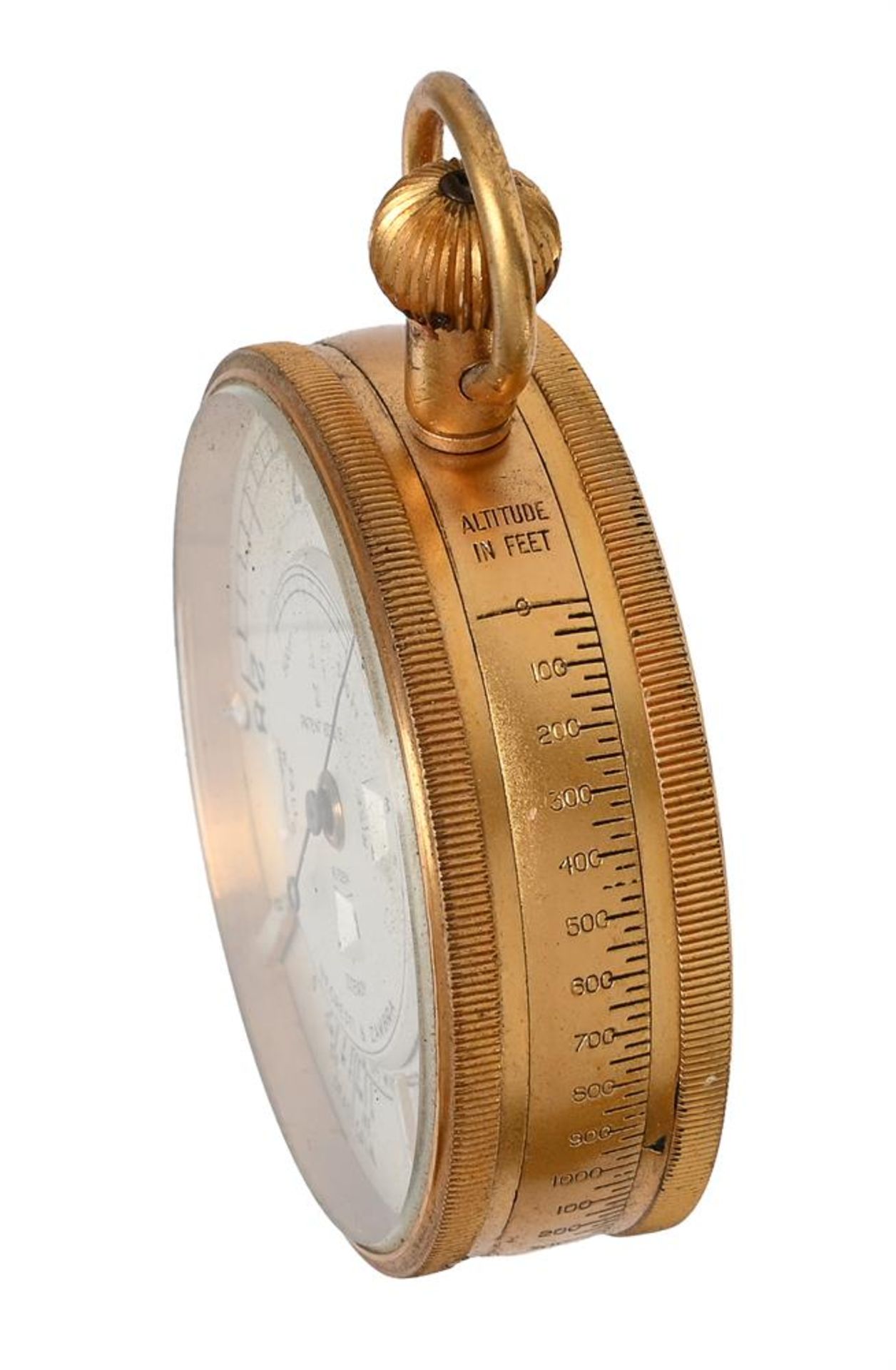 A GILT BRASS ANEROID POCKET WEATHER FORETELLER BOROMETER OR ‘WEATHER WATCH’ - Image 3 of 5