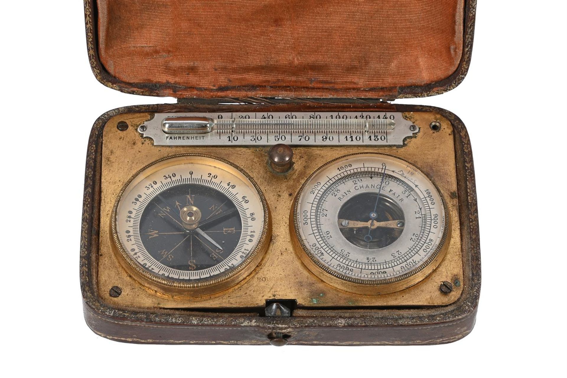 AN EDWARDIAN CASED ANEROID BAROMETER, COMPASS AND THERMOMETER COMPENDIUM - Image 2 of 6