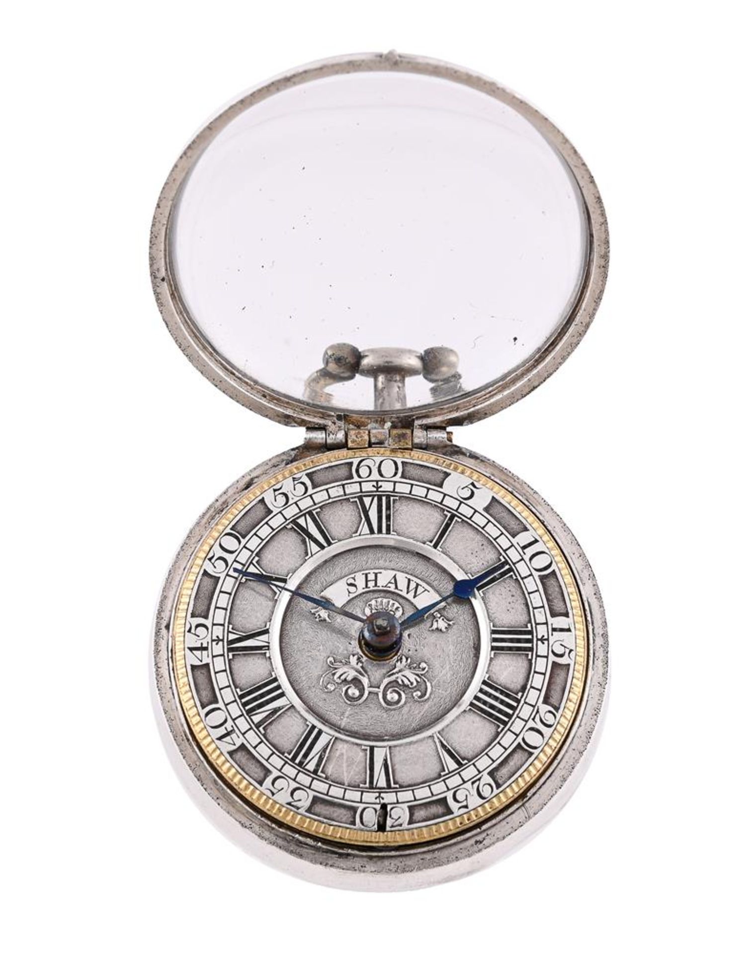 A GEORGE II SILVER PAIR-VASED VERGE POCKET WATCH WITH CHAMPLEVE DIAL - Image 2 of 3