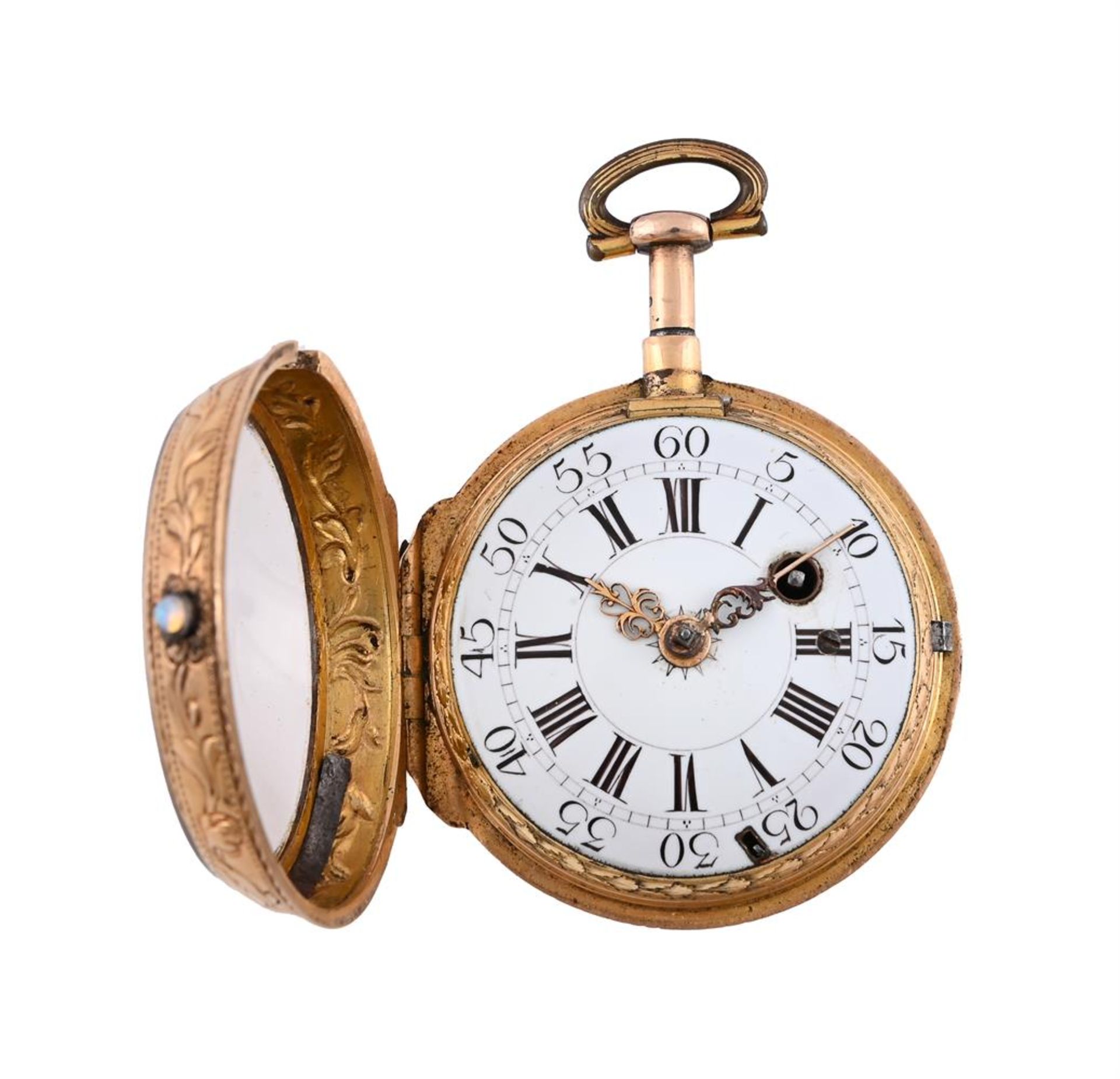 A FRENCH LOUIS XV/XVI GOLD REPOUSSE AND TORTOISHELL DUMB-REPEATING PAIR-CASED VERGE POCKET WATCH - Image 2 of 3