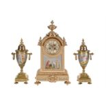 A FRENCH GILT BRASS AND UNUSUAL SILVER-GROUND PORCELAIN INSET MANTEL CLOCK GARNITURE