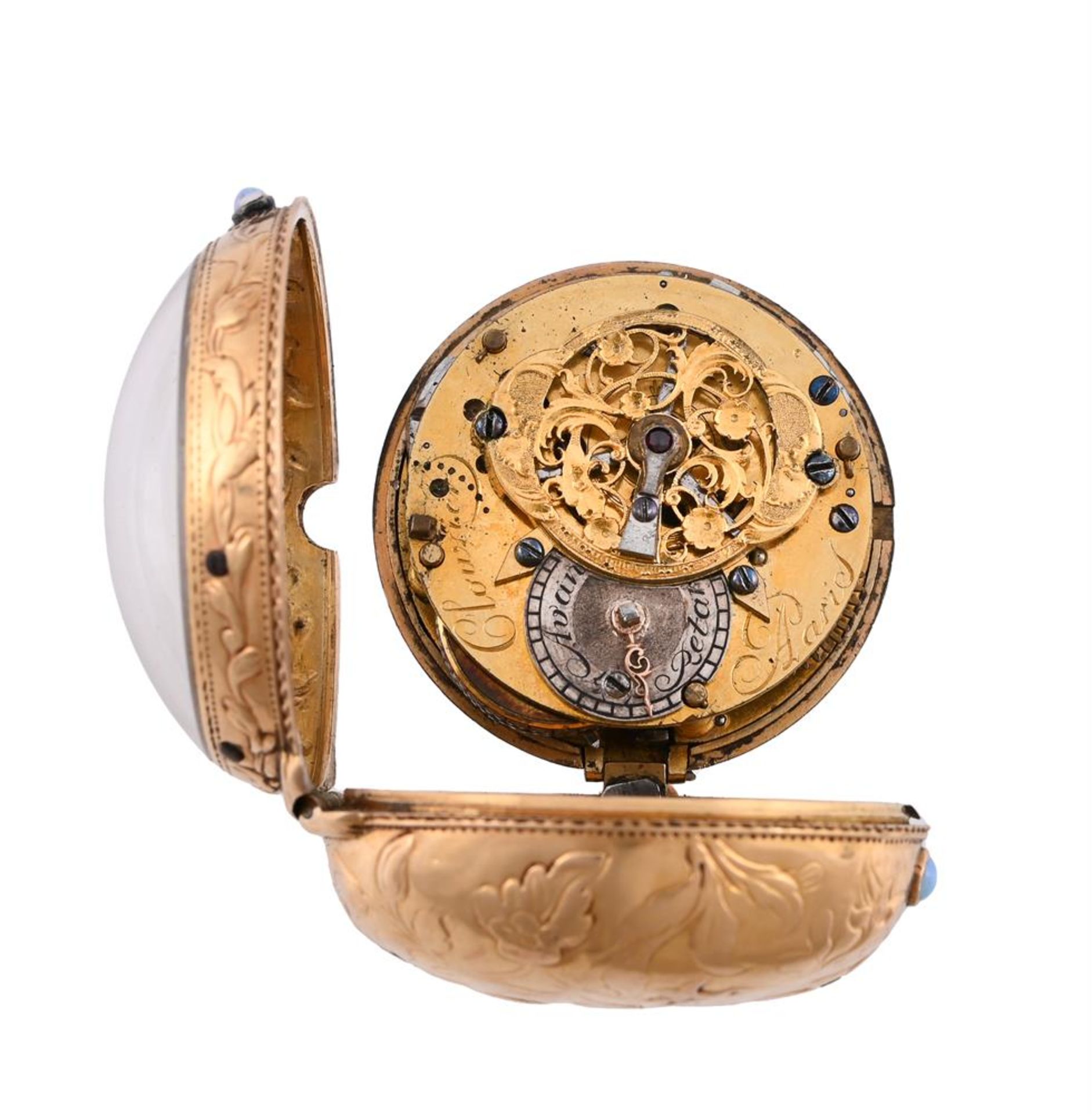 A FRENCH LOUIS XV/XVI GOLD REPOUSSE AND TORTOISHELL DUMB-REPEATING PAIR-CASED VERGE POCKET WATCH - Image 3 of 3