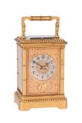 A FRENCH GILT BRASS REPEATING CARRIAGE CLOCK WITH PUSH-BUTTON REPEAT