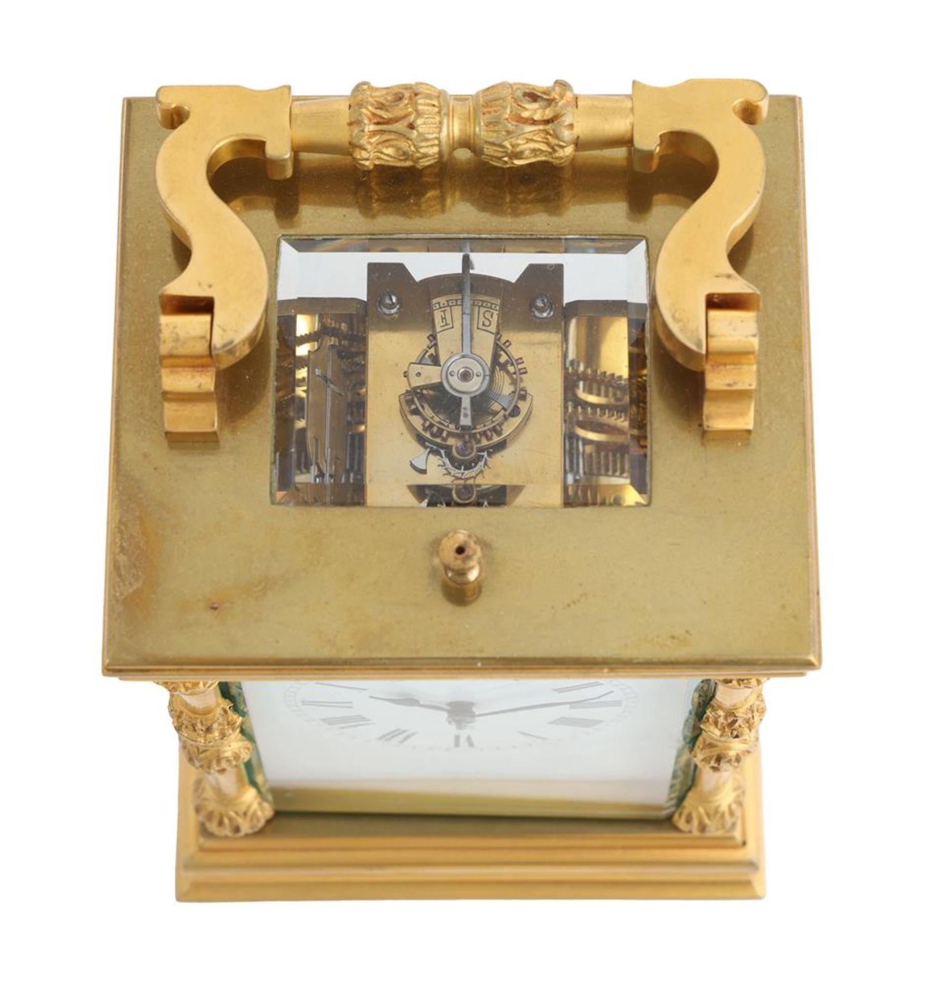 A FRENCH GILT BRASS CARRIAGE CLOCK WITH PUSH-BUTTON REPEAT - Image 3 of 4