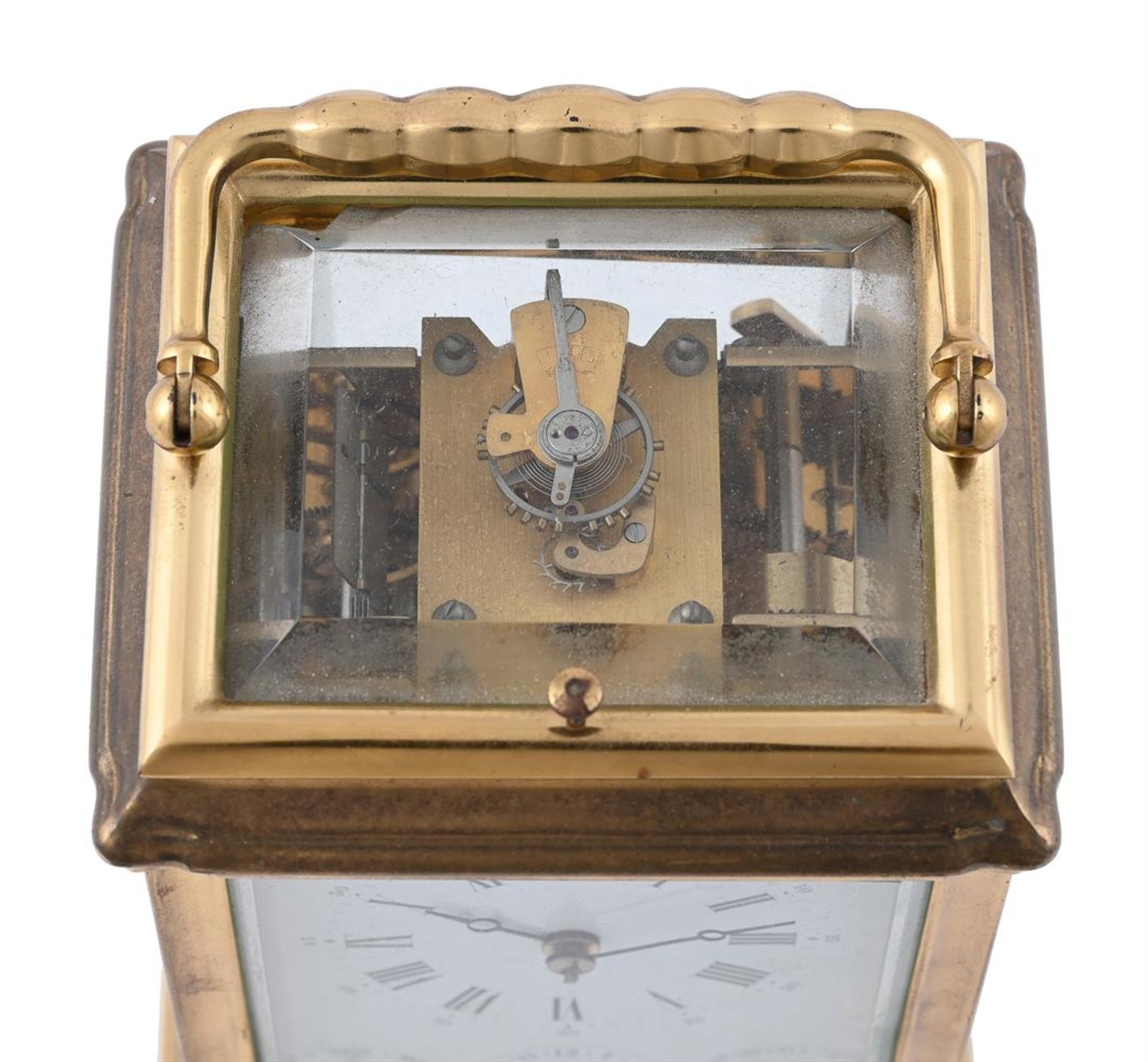 A FRENCH/SWISS LAQUERED BRASS GORGE CASED CALENDAR CARRIAGE CLOCK WITH PUSH-BUTTON REPEAT AND ALARM - Image 3 of 3