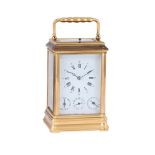 A FRENCH/SWISS LAQUERED BRASS GORGE CASED CALENDAR CARRIAGE CLOCK WITH PUSH-BUTTON REPEAT AND ALARM